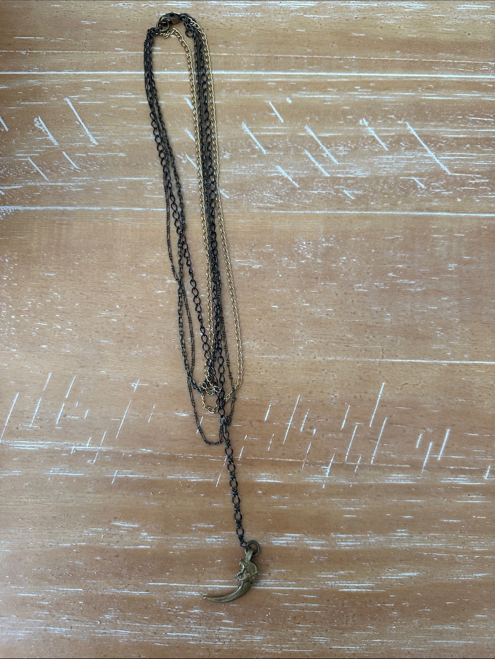 Layered Brass-tone Crescent Pendant Necklace - Multi-Chain Women Jewelry